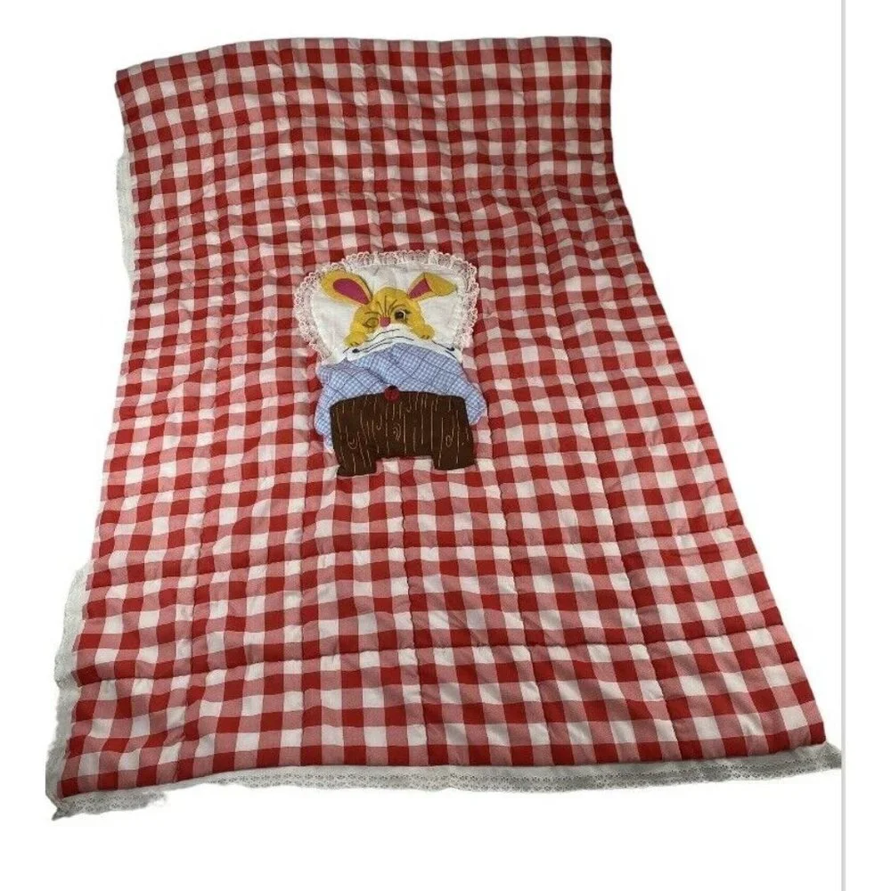 VTG 70s 80s Handmade Red Gingham Quilt 53x39 Bunny Appliqué Cottagecore Easter‎